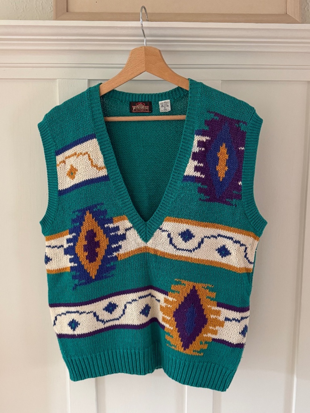 Vintage Southwest Knit Sweater Vest — Teal Aztec Print